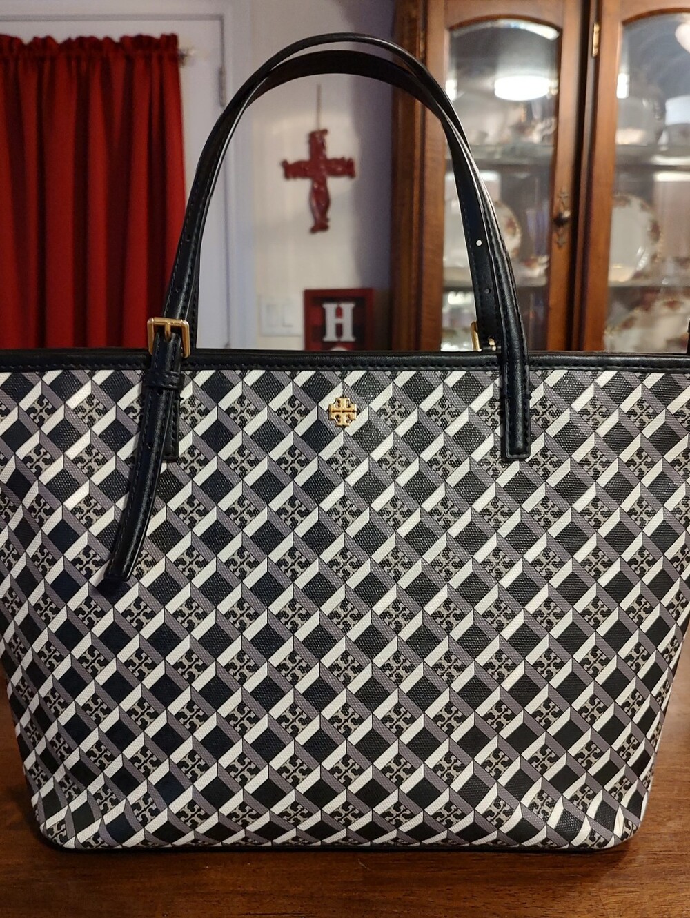 Tory Burch Black and White Geometric Logo Tote